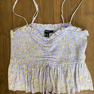 Forever 21 Women's Floral Crop Top - Light Blue and Yellow